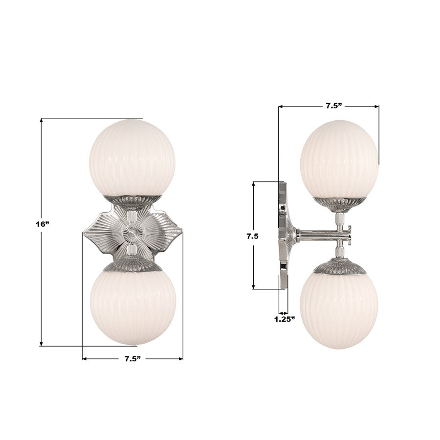 Crystorama Orly 2 Light 7.5" Sconce, Polished Nickel/White