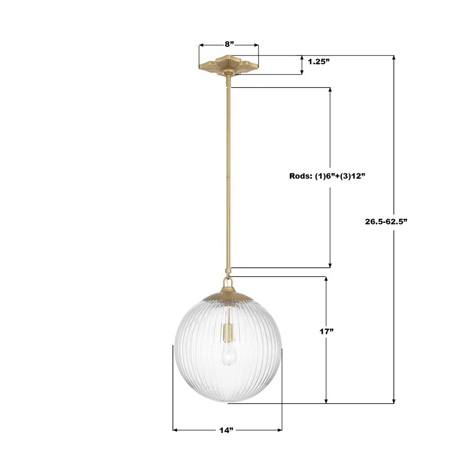 Crystorama Orly 1 Light 14" Pendant, Aged Brass/Clear
