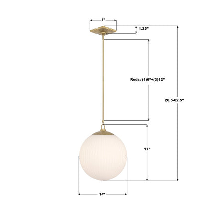 Crystorama Orly 1 Light 14" Pendant, Aged Brass/White