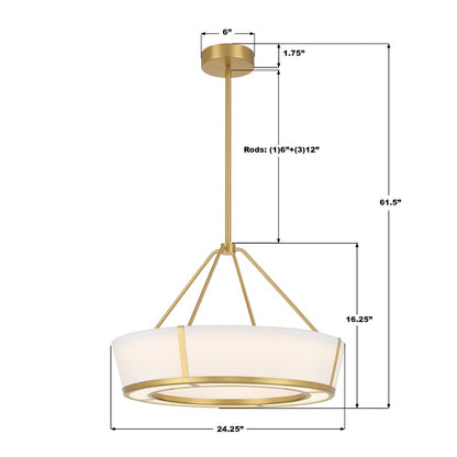 Crystorama Royce 1 Light 24.25" Pendant, Luxe Gold/White