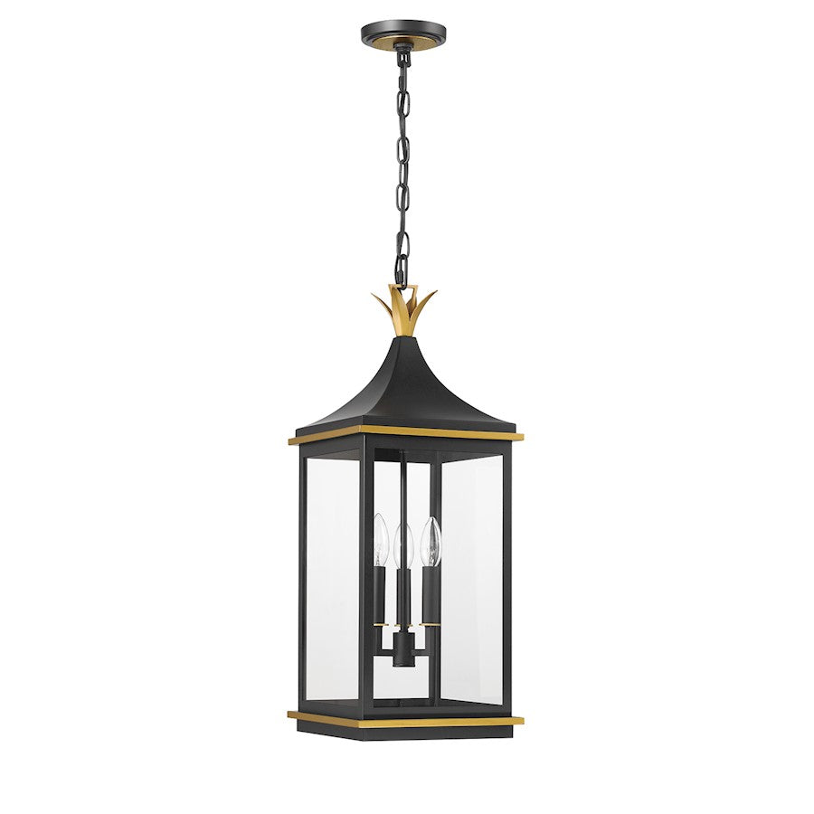 Crystorama Simpson 3 Light Outdoor Pendant, Black/Textured Gold