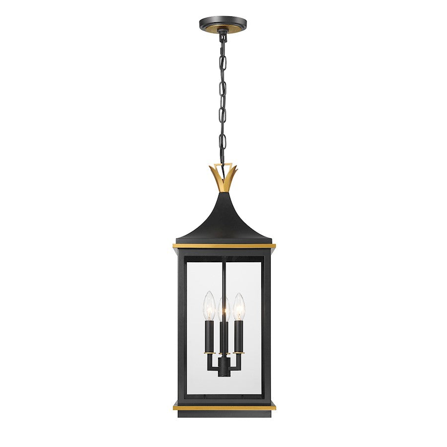 Crystorama Simpson 3 Light Outdoor Pendant, Black/Textured Gold