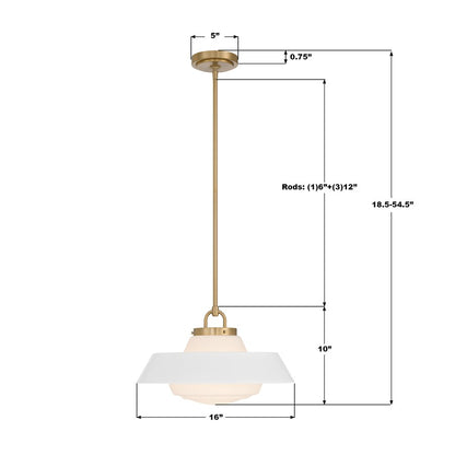 Crystorama Xander 1 Light 16" Pendant, Vibrant Gold/White