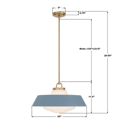 Crystorama Xander 3 Light 20" Pendant, Vibrant Gold/Blue/White