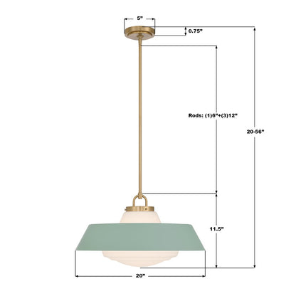Crystorama Xander 3 Light 20" Pendant, Vibrant Gold/Green/White