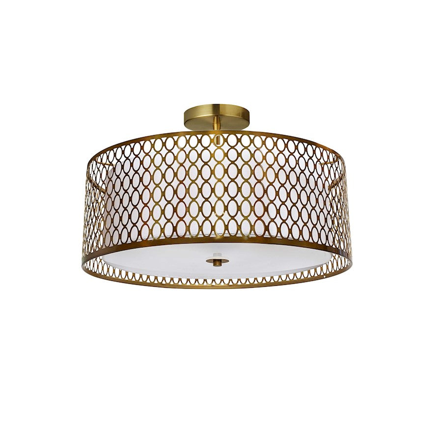 Dainolite Kordan 17in 3-Light Semi-Flush Mount | Modern Aged Brass Metal and White Fabric Shade | Living Room & Bedroom | 17 x 17 | Model 1015-16FH-AGB-WH