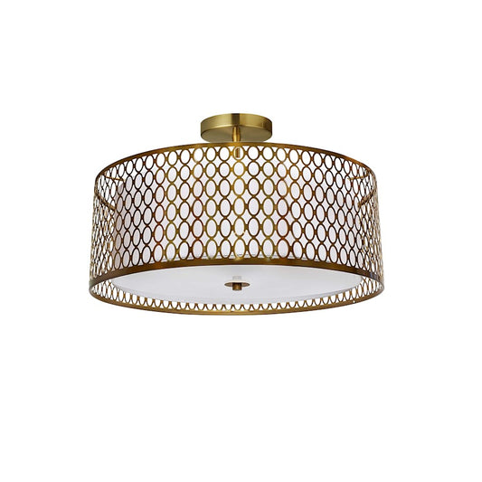 Dainolite Kordan 17in 3-Light Semi-Flush Mount | Modern Aged Brass Metal and White Fabric Shade | Living Room & Bedroom | 17 x 17 | Model 1015-16FH-AGB-WH