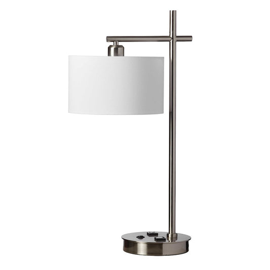 Dainolite 131T-SC 1-Light Table Lamp | Satin Chrome and White Linen Shade | Living Room & Bedside Accent | 26.5 in H, Dimmable, USB | Model 131T-SC