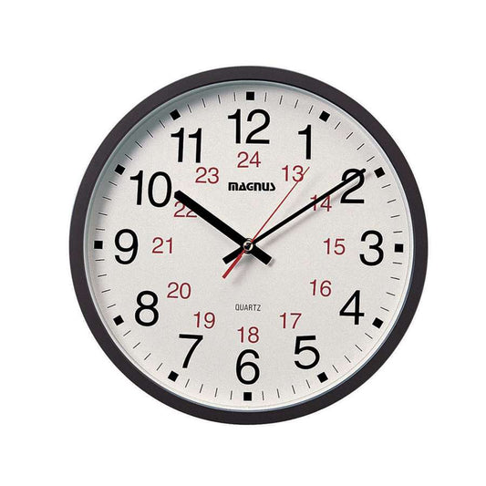 Dainolite 12in Round Wall Clock | Black Glass Face and Plastic Frame | Entryway & Kitchen Accent | 12 x 12 x 1.5 in, Battery Operated | Model 22502-BK