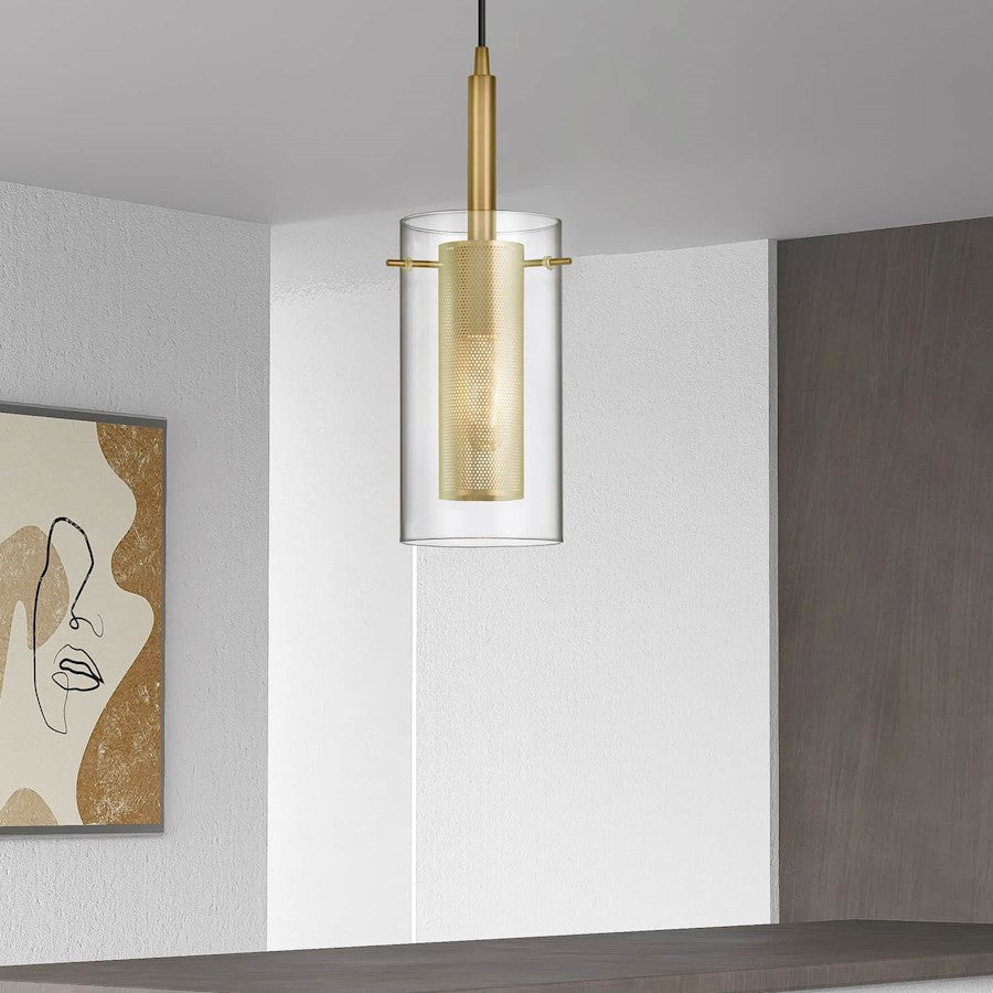 Dainolite Percy 1-Light Pendant | Modern Aged Brass Metal and Clear Glass | Kitchen Island & Dining Room | 5.5 x 5.5 x 16.75 in | Model 30961-CM-AGB