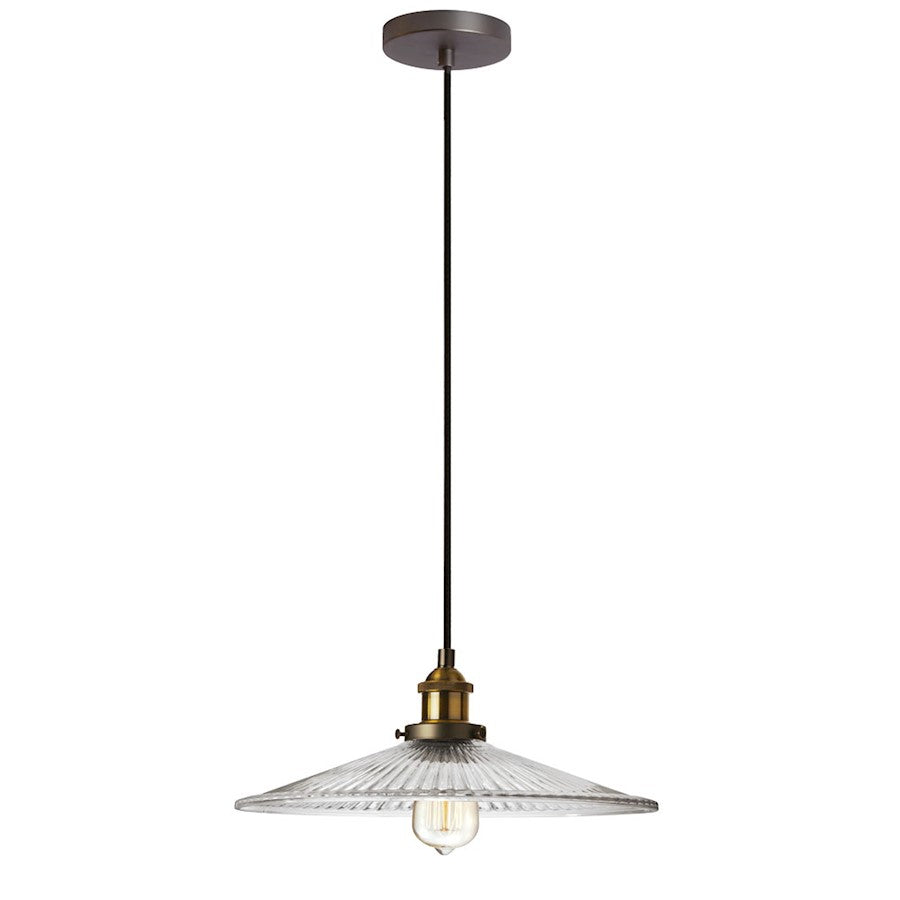 Dainolite Vintage 14in 1-Light Pendant | Industrial Vintage Steel and Antique Brass with Clear Ribbed Glass | Kitchen & Dining Room | Model 407-14P-VS