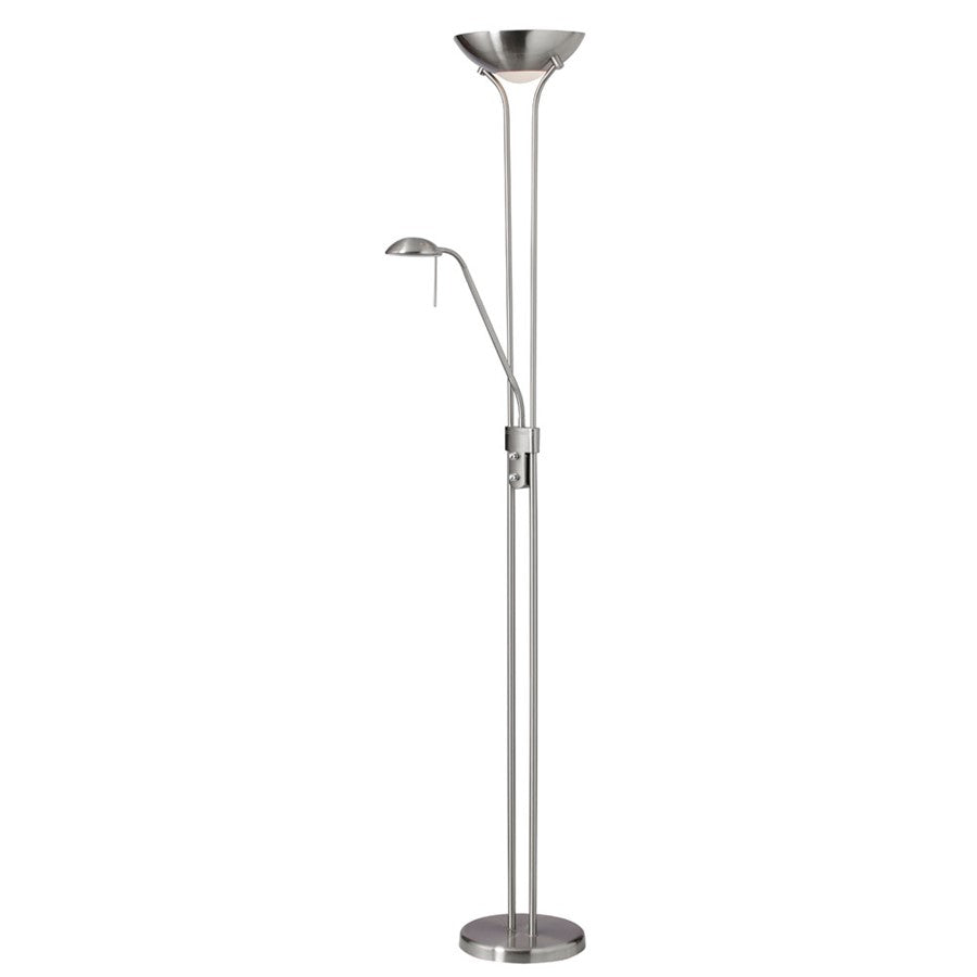Dainolite Mother/Son 71in Floor Lamp | Contemporary Satin Chrome Steel | Living Room & Bedroom Reading Light | 1-Light + 2-Light | Model 505F-SC