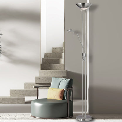 Dainolite Mother/Son 71in Floor Lamp | Contemporary Satin Chrome Steel | Living Room & Bedroom Reading Light | 1-Light + 2-Light | Model 505F-SC
