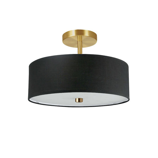 Dainolite Everly 14in 3-Light Semi-Flush Mount | Transitional Black and Aged Brass Fabric Drum Shade | Bedroom & Hallway | Model 571-143SF-AGB-BK