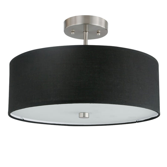 Dainolite 571 14in 3-Light Semi Flush Mount | Transitional Satin Chrome and Black Hardback Fabric | Hallway & Bedroom Ceiling | Model 571-143SF-SC-BK