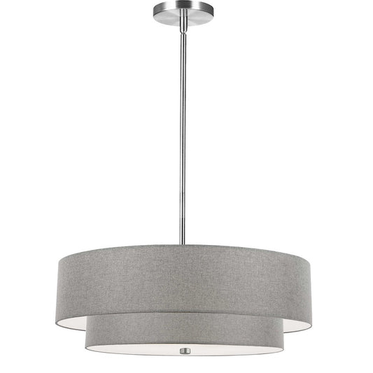 Dainolite Everly 20in 4-Light 2-Tier Pendant | Transitional Polished Chrome and Grey Fabric Drum Shade | Kitchen Island & Dining | Model 571-224P-PC-GRY