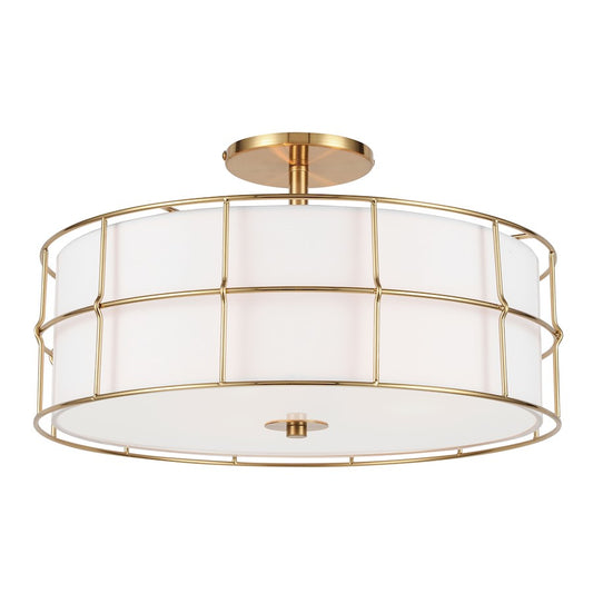 Dainolite Alcala 16in 3-Light Semi-Flush Mount | Transitional Aged Brass and White Fabric Drum Shade | Entryway & Hallway | Model ALC-163SF-AGB
