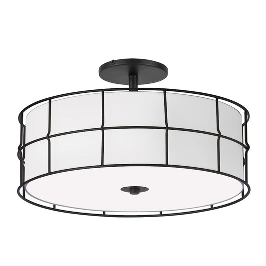 Dainolite Alcala 16in 3-Light Semi-Flush Mount | Transitional Matte Black and White Fabric Drum Shade | Entryway & Hallway | Model ALC-163SF-MB