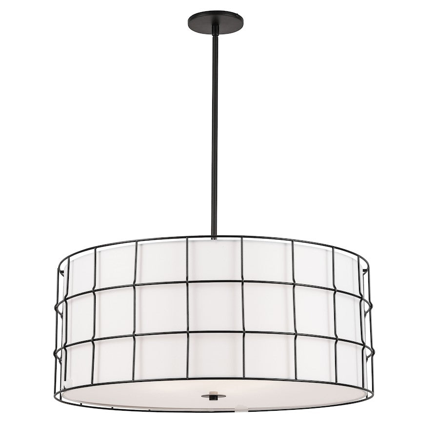 Dainolite Alcala 25in 4-Light Pendant | Transitional Matte Black and White Fabric Drum Shade | Kitchen Island & Dining Room | 25 x 25 | Model ALC-254P-MB