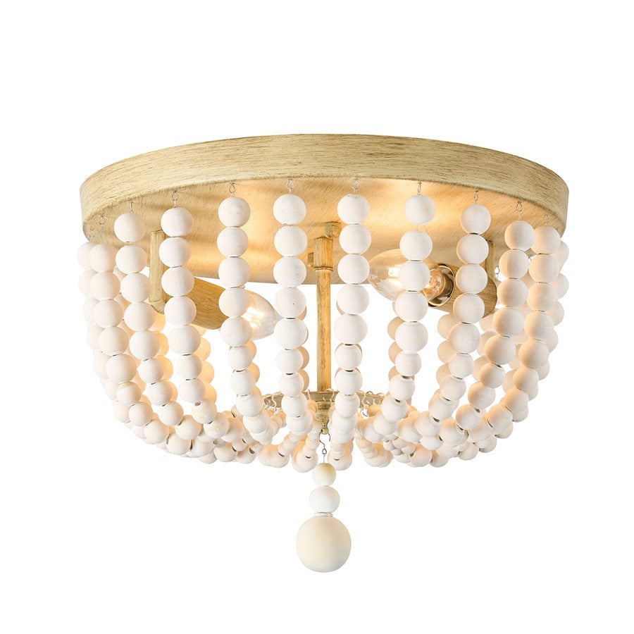 Dainolite Bridget 13in 2-Light Flush Mount | Transitional Natural and Vintage White Wood Bowl | Bedroom & Hallway | Model BGT-132FH-VW