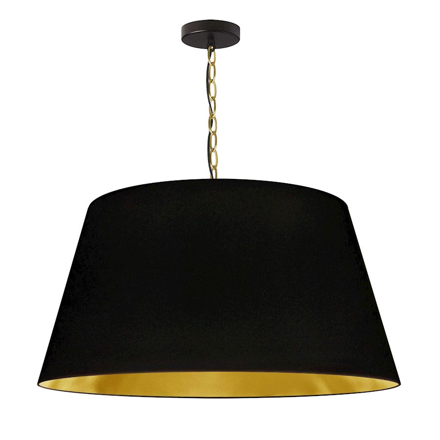 Dainolite Brynn 26in 1-Light Pendant | Transitional Black Metal and Aged Brass with Gold Fabric Drum Shade | Kitchen Island & Dining | Model BRY-L-AGB-698