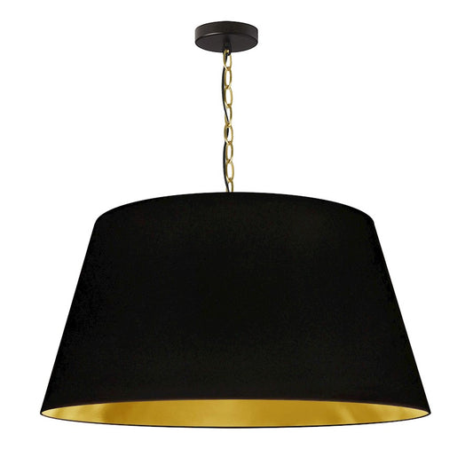 Dainolite Brynn 26in 1-Light Pendant | Transitional Black Metal and Aged Brass with Gold Fabric Drum Shade | Kitchen Island & Dining | Model BRY-L-AGB-698