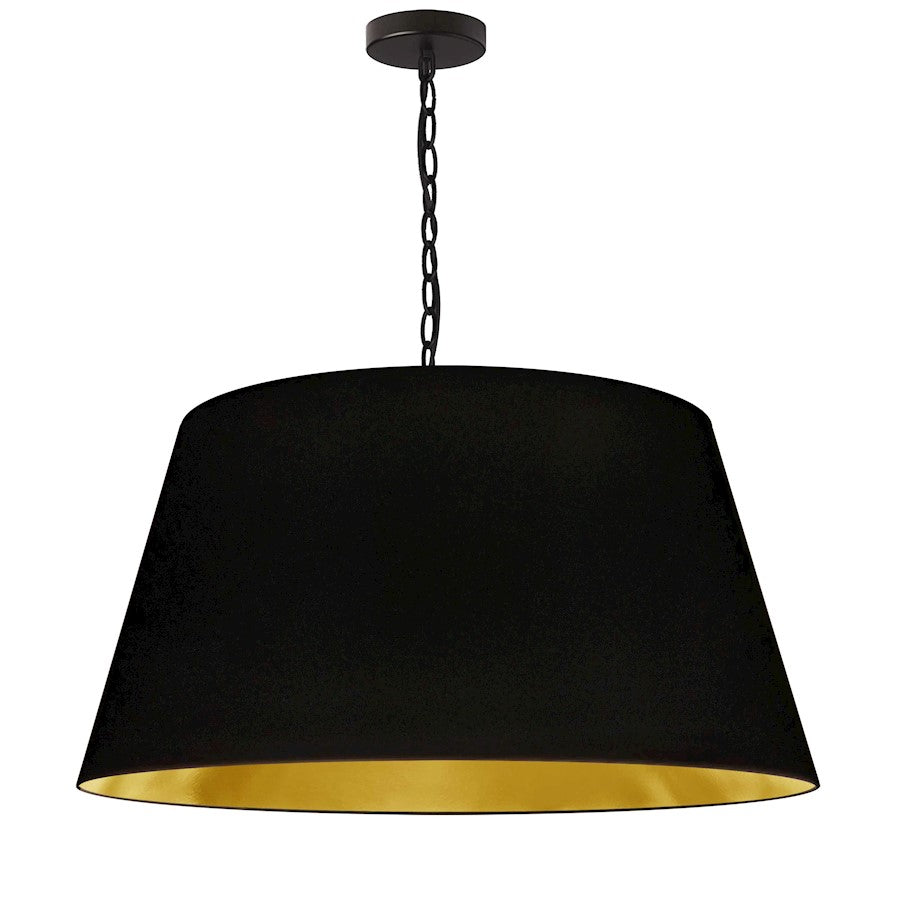 Dainolite Brynn 26in 1-Light Pendant | Transitional Black Metal and Gold Fabric Shade | Kitchen Island & Dining Room | Model BRY-L-BK-698