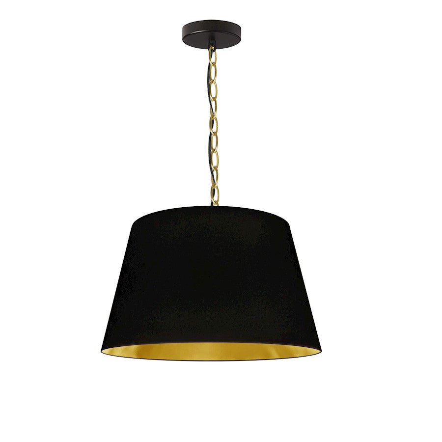 Dainolite Brynn 14in 1-Light Pendant | Transitional Black and Aged Brass Metal with Gold Fabric Shade | Kitchen Island & Dining Room | Model BRY-S-AGB-698