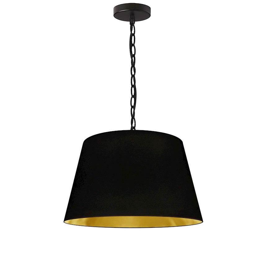 Dainolite Brynn 14in 1-Light Pendant | Transitional Black Metal and Gold Fabric Drum Shade | Kitchen Island & Dining Room | 14 x 14 x | Model BRY-S-BK-698