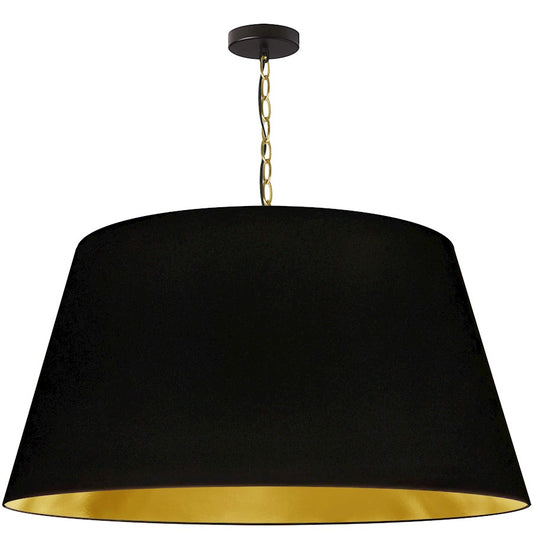 Dainolite Brynn 32in 1-Light Pendant | Transitional Black and Aged Brass Metal with Gold Fabric Drum Shade | Kitchen Island & | Model BRY-XL-AGB-698