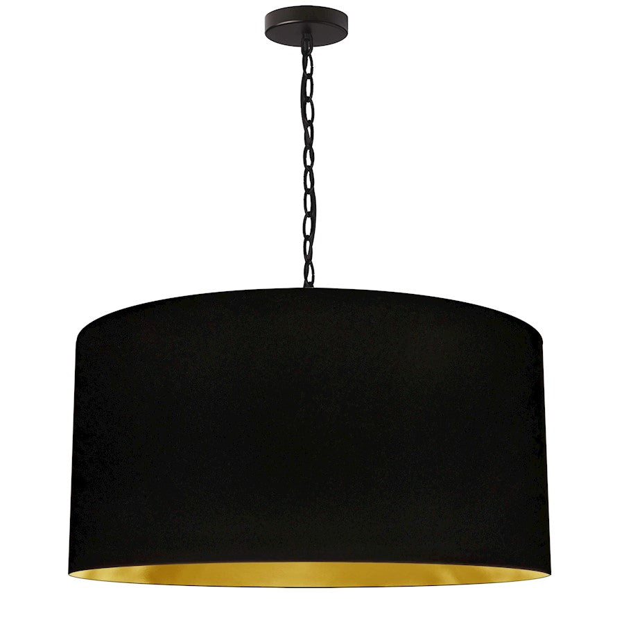 Dainolite Braxton 26in 1-Light Pendant | Transitional Matte Black and Gold Fabric Drum Shade | Kitchen Island & Dining Room | 26 x 26 | Model BXN-L-BK-698