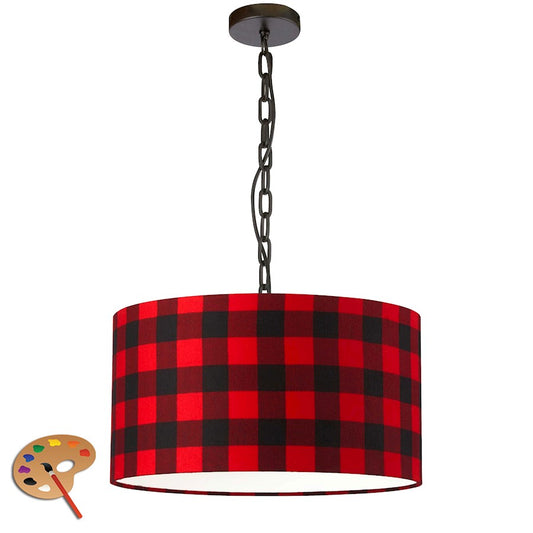 Dainolite Braxton 20in 1-Light Pendant | Transitional Buffalo Check Fabric and Black Metal | Kitchen Island & Dining Room | Model BXN-M-BK-201