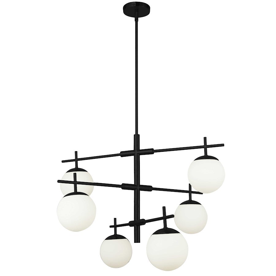 Dainolite Caelia 30in 6-Light Chandelier | Contemporary Matte Black and White Opal Glass | Dining Room & Kitchen | Model CAE-306C-MB