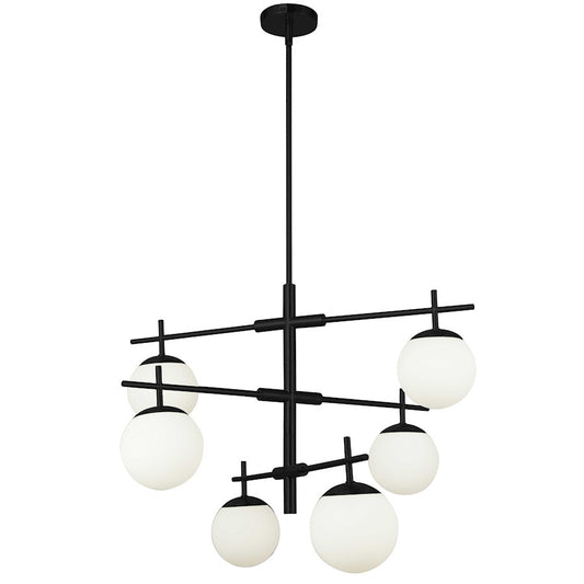 Dainolite Caelia 30in 6-Light Chandelier | Contemporary Matte Black and White Opal Glass | Dining Room & Kitchen | Model CAE-306C-MB