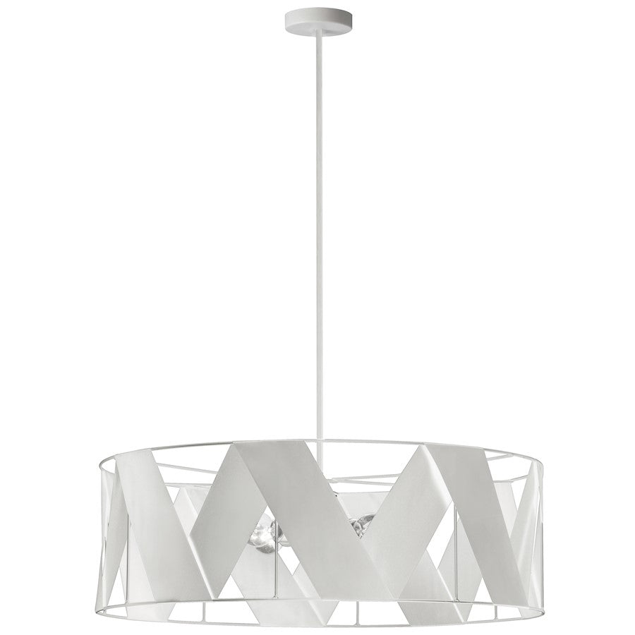 Dainolite Cardano 30in 4-Light Chandelier | Transitional White Metal and White Ribbon Drum Shade | Living Room & Dining Room | 30 | Model CDO1-304C-MW-WH