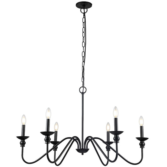 Dainolite Clara 36in 6-Light Chandelier | Traditional Matte Black Metal | Dining Room & Kitchen | 36 x 36 x 19 in | Model CLA-366C-MB