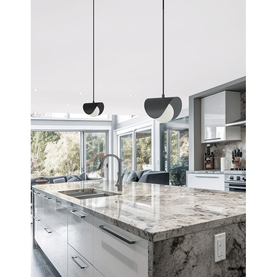 Dainolite Cresent 6in 1-Light Pendant | Contemporary Matte Black & White Glass | Kitchen Island & Foyer | 6 x 6 x 5 in | Model CRT-61P-MB