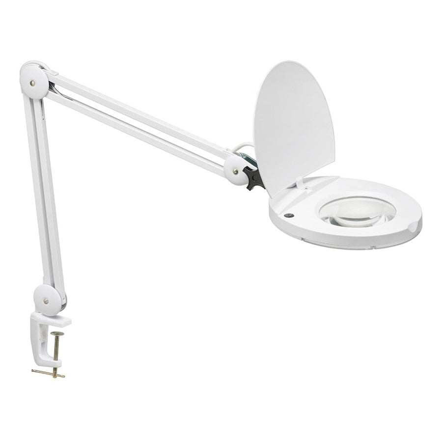 Dainolite 9in 1-Light LED Magnifier Lamp | Modern White Metal and Clear Glass | Desk & Workstation Task Light | 760 Lumens | Model DMLED10-A-5D-WH