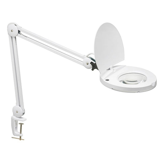 Dainolite 9in 1-Light LED Magnifier Lamp | Modern White Metal and Clear Glass | Desk & Workstation Task Light | 760 Lumens | Model DMLED10-A-5D-WH
