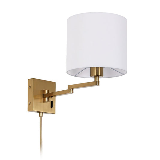 Dainolite Arm Swing 15in Wall Sconce | Transitional Aged Brass and White Fabric | Living Room & Hallway Reading Light | 60W | Model DMWL7713-AGB