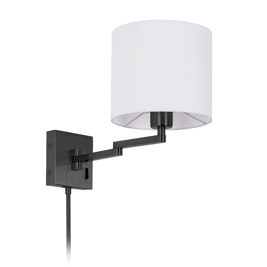 Dainolite Arm Swing 15in Wall Sconce | Transitional Matte Black and White Fabric | Living Room & Hallway Reading Light | 60W | Model DMWL7713-MB