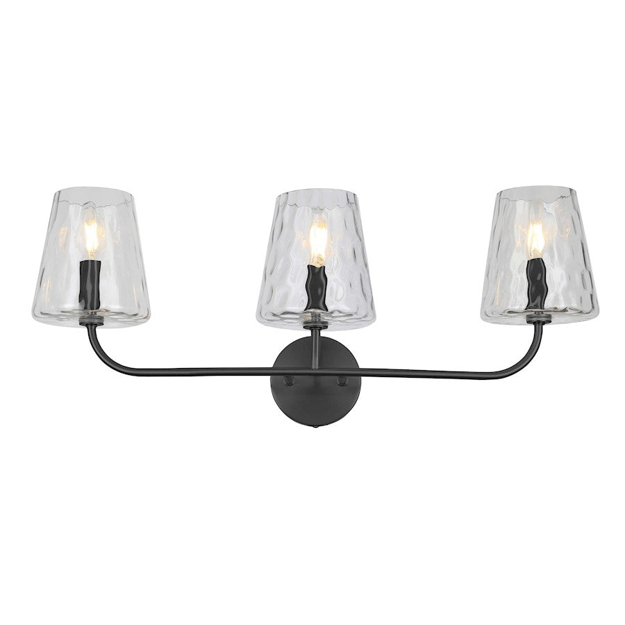Dainolite Eleanor 26in 3-Light Vanity | Contemporary Matte Black and Clear Hammered Glass | Bathroom & Powder Room | Model ELN-213W-MB-CLR