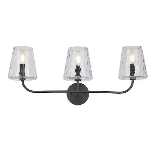 Dainolite Eleanor 26in 3-Light Vanity | Contemporary Matte Black and Clear Hammered Glass | Bathroom & Powder Room | Model ELN-213W-MB-CLR
