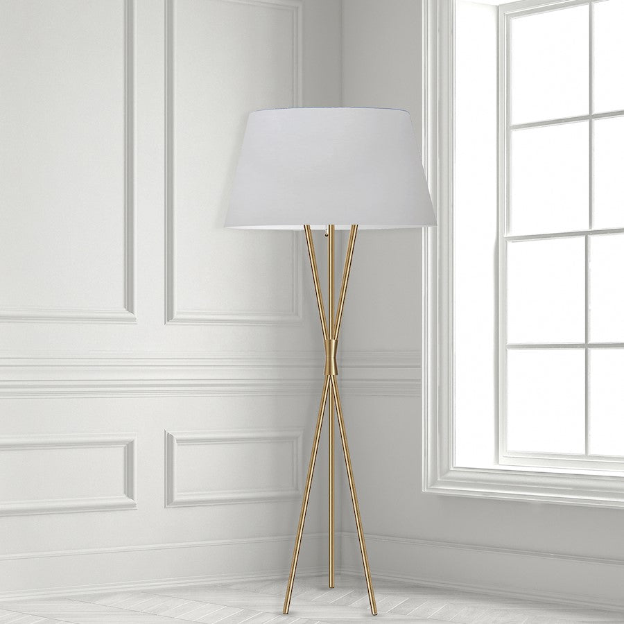 Dainolite Gabriela 62in Floor Lamp | Transitional Aged Brass Metal and White Fabric Shade | Living Room & Reading Nook | 150W | Model GAB-601F-AGB-WH