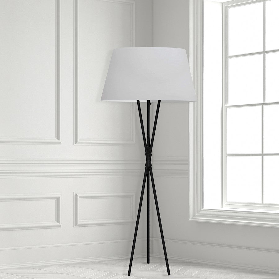 Dainolite Gabriela 62in Floor Lamp | Transitional Matte Black Metal and White Fabric Shade | Living Room & Reading Nook | 150W | Model GAB-601F-MB-WH