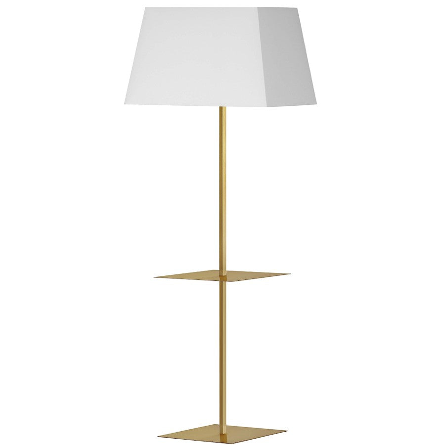 Dainolite Gretchen 26in Square Floor Lamp with Shelf | Transitional Aged Brass and White Fabric Shade | Office & Bedroom | Model GTC-S641F-AGB-WH