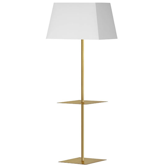 Dainolite Gretchen 26in Square Floor Lamp with Shelf | Transitional Aged Brass and White Fabric Shade | Office & Bedroom | Model GTC-S641F-AGB-WH