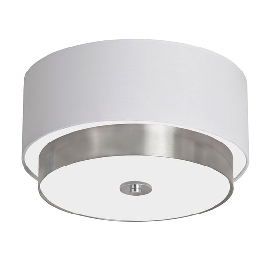 Dainolite Larkin 14in 3-Light Flush Mount | Modern Satin Chrome and White Linen Shade | Bedroom & Hallway | 14 x 8 in | Model LAR-143FH-SC