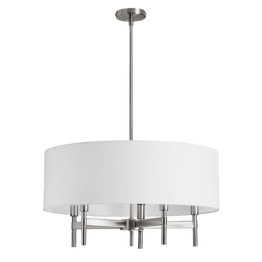 Dainolite Larkin 24in 5-Light Chandelier | Modern Satin Chrome and White Linen Drum Shade | Dining Room & Kitchen | 24 x 24 x 13 in | Model LAR-245C-SC