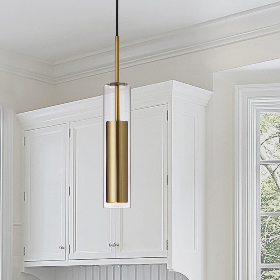 Dainolite Luna 12in 1-Light LED Pendant | Modern Aged Brass and Clear Glass | Kitchen Island & Dining Room | 2.5 x 2.5 x 12 in | Model LUN-1LEDP-AGB